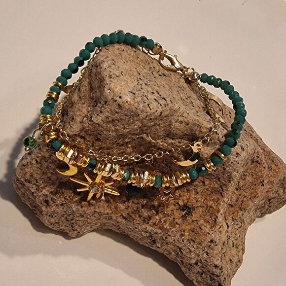 New Free People Gold And Blue Celetial Charm Bracelet Moon Sun Stars - Picture 3 of 8